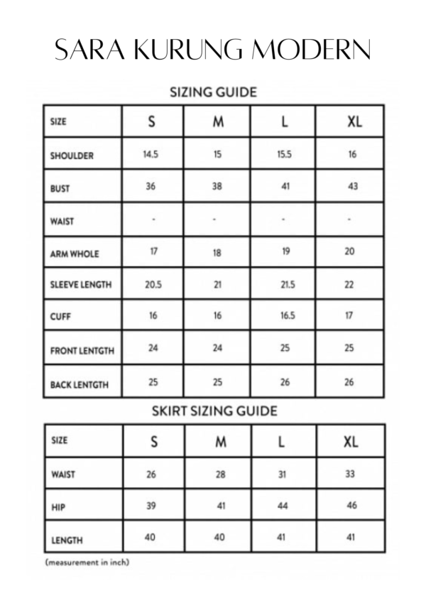 SARA SIZING CHART SARA KURUNG MODERN (CARAMEL CLOUD)